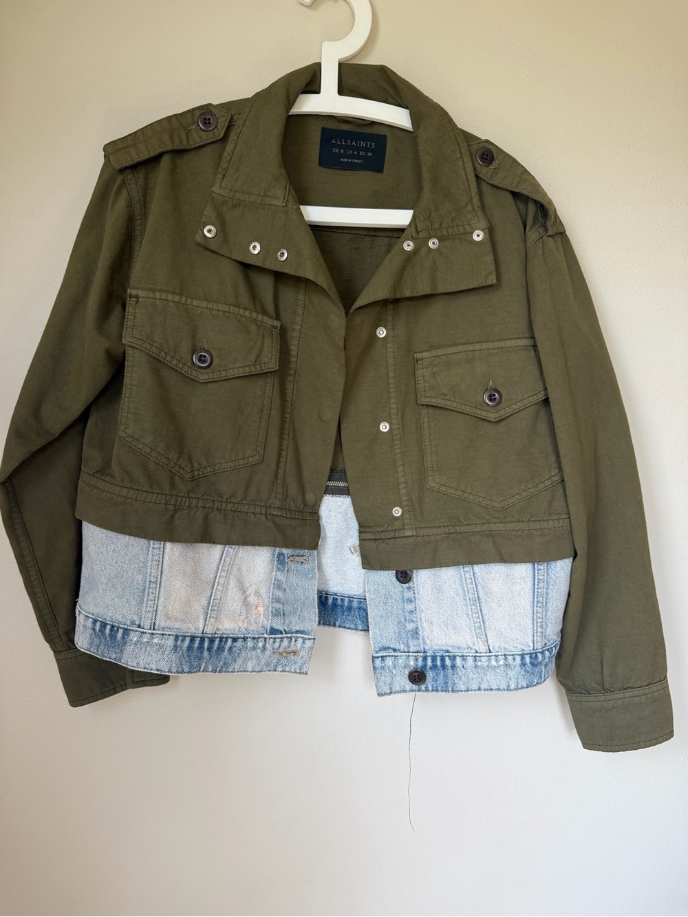 AllSaints Cadie Olive Green and removable denim combination Jacket 4 - Picture 2 of 10